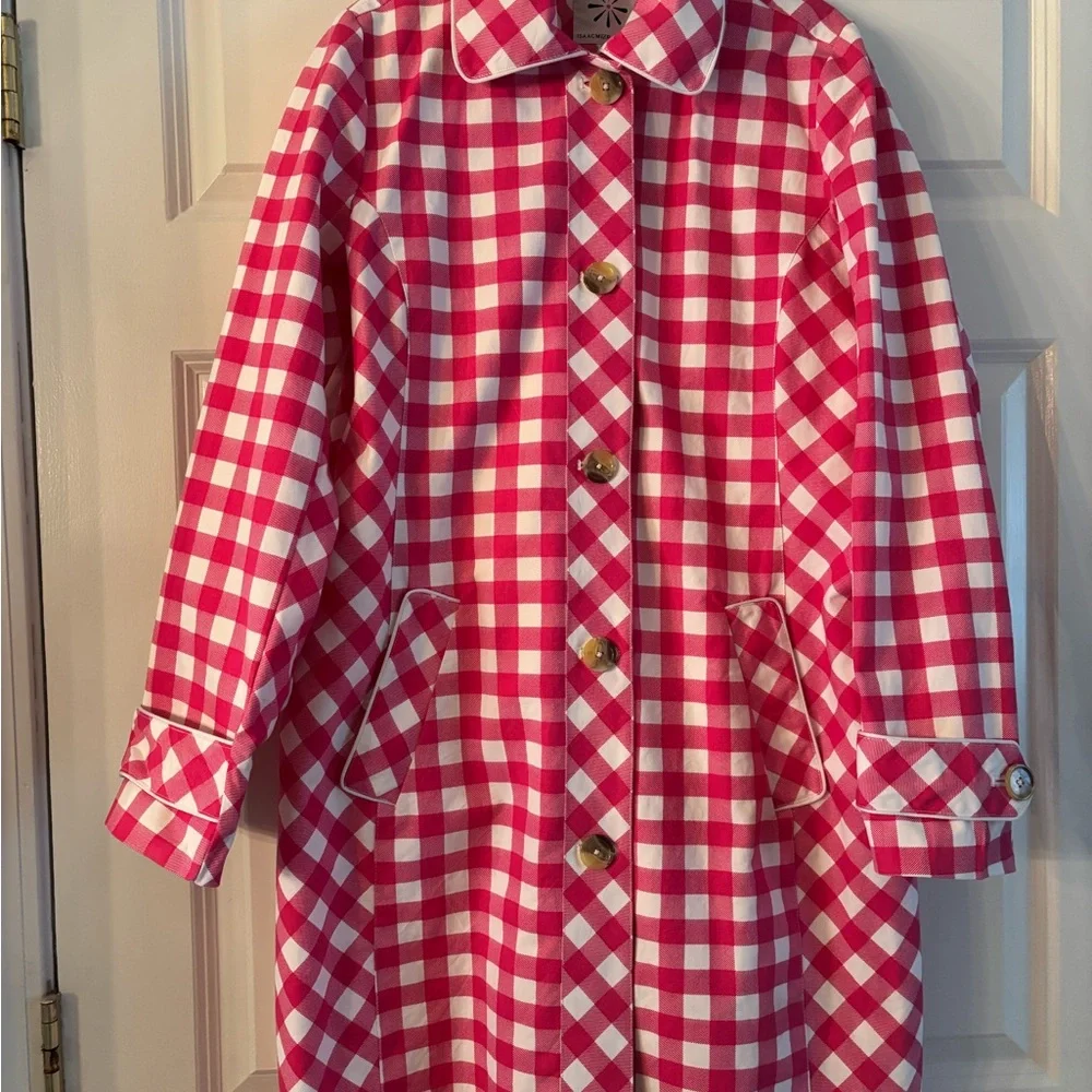 Isaac Mizrahi Live Pink and White Gingham Car Coat Trench - Picture 5 of 13